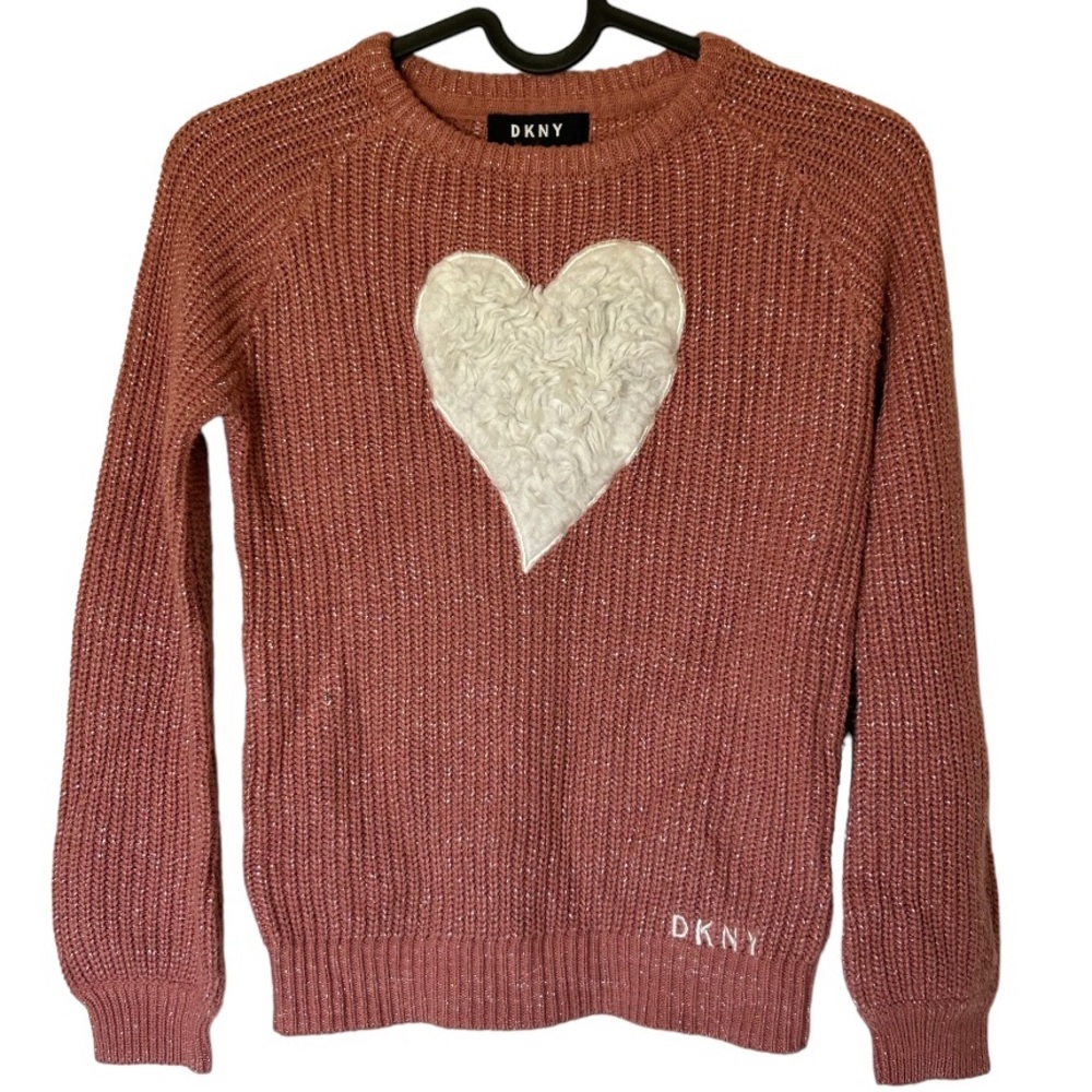 DKNY Girls Pink pullover sweater‎ with white fuzzy heart- size 6X